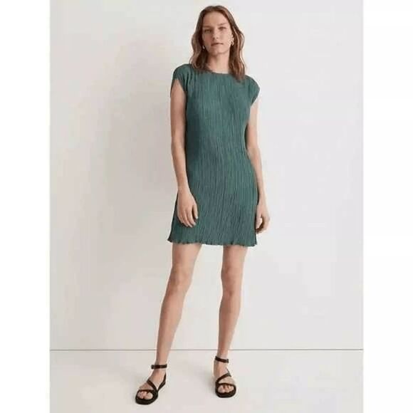 MADEWELL Plissé Mini Tee Dress Size 10 Spruce Sheer Short Sleeve NWT B49 - Picture 1 of 6